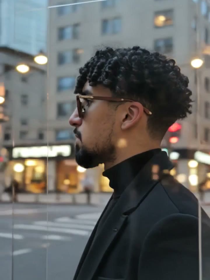A figure in black crosses a city street at dusk, head level, while the lit sidewalk blurs behind them