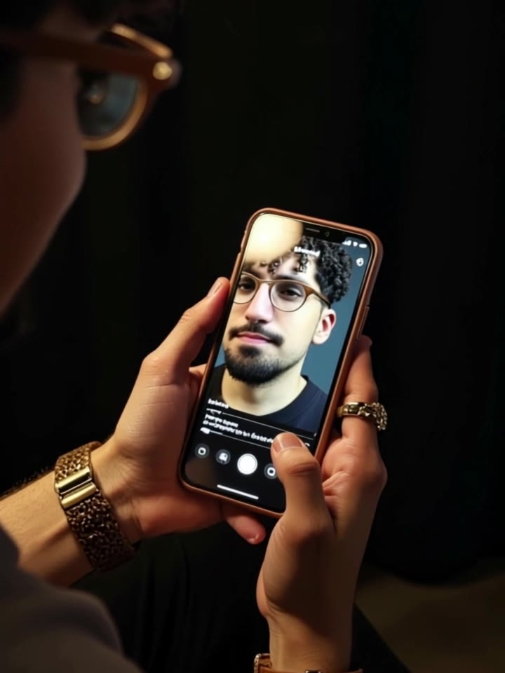 Over a viewer's shoulder, a phone plays one creator's video; their face fills the screen mid-scroll