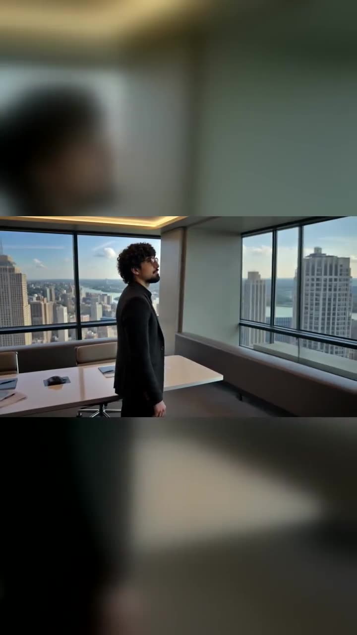 Montage of Omar in a high-rise office and the city at dusk